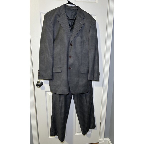 Bernini Beverly Hills Men’s Pinstripe Virgin Wool 2 PC Suit Set Grey Size 40R - Picture 1 of 16